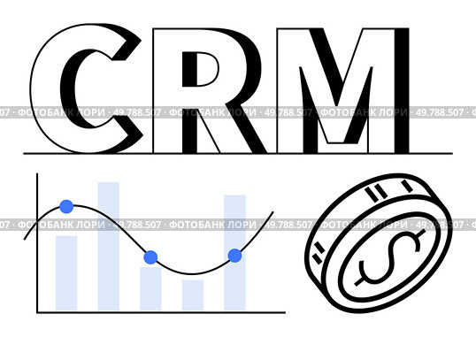 CRM text, line graph with blue data points, and a coin with dollar sign. Ideal for business management, finance, marketing, customer service, sales strategy data analysis and CRM solutions. Line. CRM concept with bold text, line graph with blue data points, and a coin with dollar sign icon. Стоковая иллюстрация, агентство Ingram Publishing / Фотобанк Лори