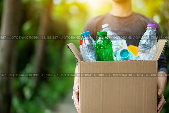 Cropped unrecognized person carrying crate of empty plastic bottles. Recycling plastic concept. Hands with Recycle Bin. Littering of environment. Problem of global plastics pollution of the Earth. Стоковое AI-изображение, AI-художник Марина Демидюк / Фотобанк Лори