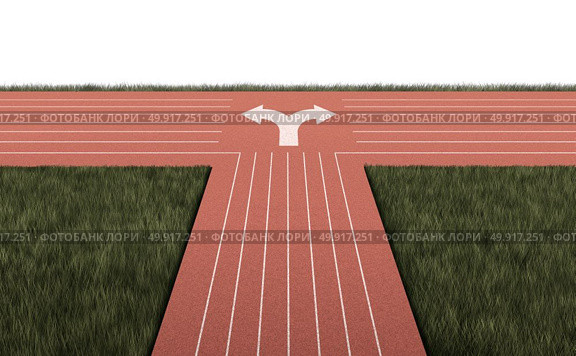 Crossroad and uncertainty dilemma as a business or life concept with a track path dividing into two directions as an advice impasse or decision metaphor with 3D illustration elements. Стоковое фото, агентство Ingram Publishing / Фотобанк Лори