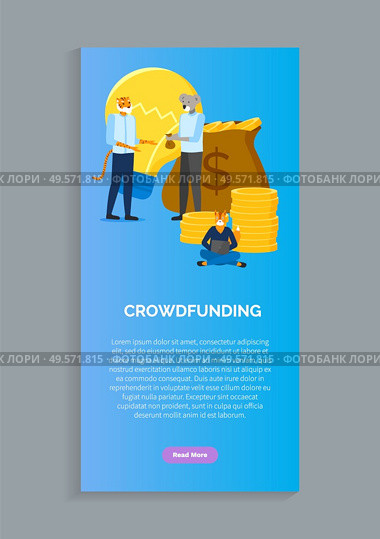Crowdfunding and hipster animals in businessman suits gather donations. Vector cartoon managers with head of tiger, koala and fox and stacks of coins, lamp. Website or web page template, landing page. Crowdfunding, Hipster Animals in Businessman Suits. Стоковая иллюстрация, агентство Ingram Publishing / Фотобанк Лори