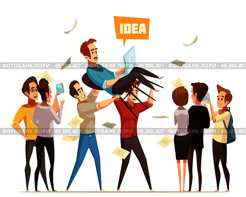 Crowdfunding flat design concept with happy cartoon characters celebrating successful financing of business idea vector illustration. Crowdfunding Design Concept. Стоковая иллюстрация, агентство Ingram Publishing / Фотобанк Лори
