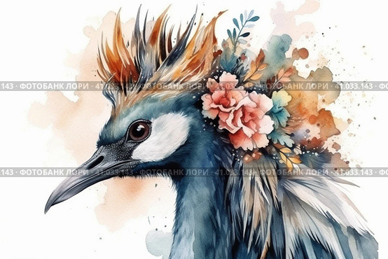 Crowned crane on a white background, watercolor style, Generative AI. Стоковое AI-изображение, AI-художник Анна Кривицкая / Фотобанк Лори