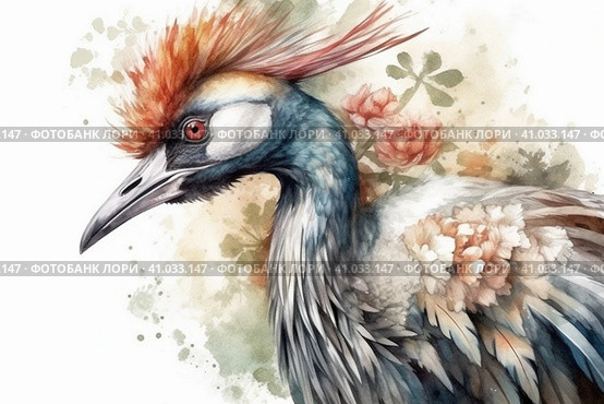 Crowned crane on a white background, watercolor style, Generative AI. Стоковое AI-изображение, AI-художник Анна Кривицкая / Фотобанк Лори