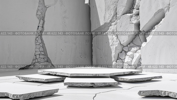 Crumbling walls reveal an artistic installation with layered concrete platforms in a minimalist space at an abandoned site. Стоковое AI-изображение, AI-художник Сергей Толмачёв / Фотобанк Лори