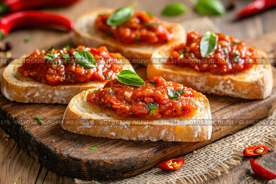 Crusty bread slices are lavishly topped with chunky Ajvar, highlighted by roasted red peppers and eggplant. The vibrant garnish of garlic and chili peppers adds a spicy, rustic charm. Стоковое AI-изображение, AI-художник Nart / Фотобанк Лори