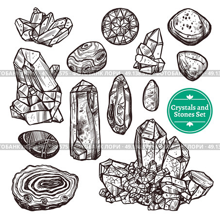 Crystals And Stones Set. Hand drawn monochrome icons set of crystal stones rocks with white background vector illustration. Стоковая иллюстрация, агентство Ingram Publishing / Фотобанк Лори