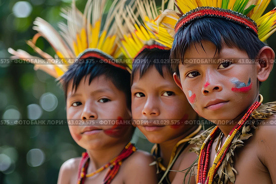 Curious Amazonia native tribe children. Generate Ai. Стоковое AI-изображение, AI-художник Иван Рябоконь / Фотобанк Лори