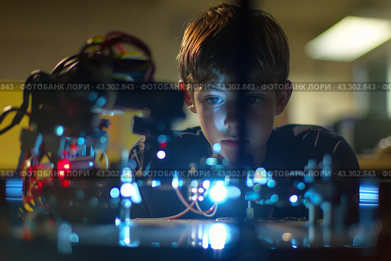 Curious boy exploring robotics and technology in a lab environment. Стоковое AI-изображение, AI-художник Антон Гвоздиков / Фотобанк Лори