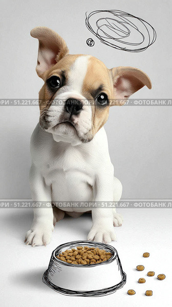 Curious french bulldog puppy pondering kibble bowl, examining pet nutrition with playful expression and mild bewilderment during mealtime moment. Стоковое AI-изображение, AI-художник Юрий Поздников / Фотобанк Лори