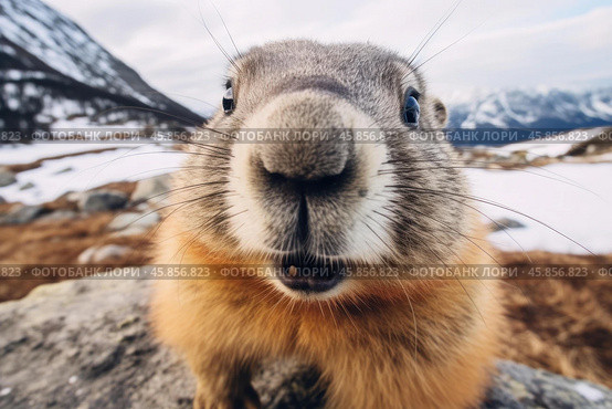 Curious marmot posing on a rock in high altitude mountain landscape. Стоковое AI-изображение, AI-художник Иван Рябоконь / Фотобанк Лори