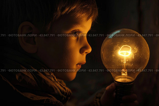 Curious young boy holding a bright light bulb in the dark. Стоковое AI-изображение, AI-художник Иван Рябоконь / Фотобанк Лори