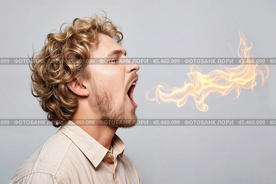 Curly-haired man spews fire from his mouth. Стоковое AI-изображение, AI-художник Дмитрий Киселёв / Фотобанк Лори