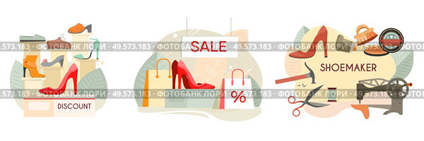 Custom made shoes shoemaker discount footwear shop high heels women pumps sale 3 flat compositions vector illustration. Стоковая иллюстрация, агентство Ingram Publishing / Фотобанк Лори