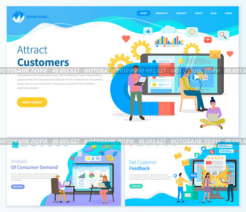 Customer attraction landing page template, analysis of consumer demand, get customer feedback flat vector banners set. Digital inbound marketing, work with consumers, business team analyzes consuming. Customer attraction, analysis of consumer demand, get customer feedback flat vector banners set. Стоковая иллюстрация, агентство Ingram Publishing / Фотобанк Лори