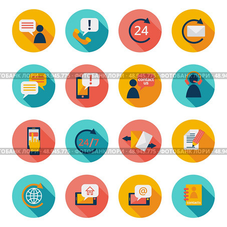 Customer care contacts flat icons set of online and offline support services isolated vector illustration. Стоковая иллюстрация, агентство Ingram Publishing / Фотобанк Лори