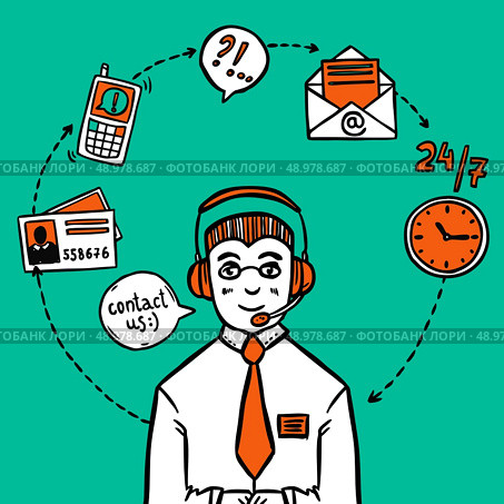 Customer support help desk service male assistant contact work circle schema poster print abstract sketch vector illustration. Стоковая иллюстрация, агентство Ingram Publishing / Фотобанк Лори