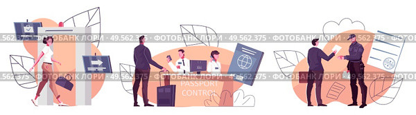 Customs control set with three flat compositions of passport control officers at desk passengers and checkpoint vector illustration. Стоковая иллюстрация, агентство Ingram Publishing / Фотобанк Лори