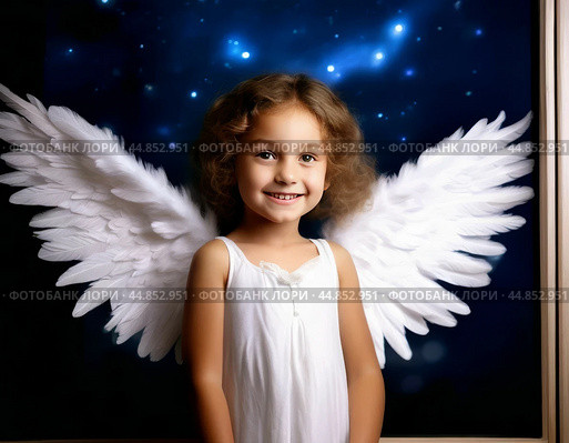 Cute baby angel on Christmas night. Carnival Christmas costume. Christmas card. Стоковое AI-изображение, AI-художник Сергей Елизарьев / Фотобанк Лори