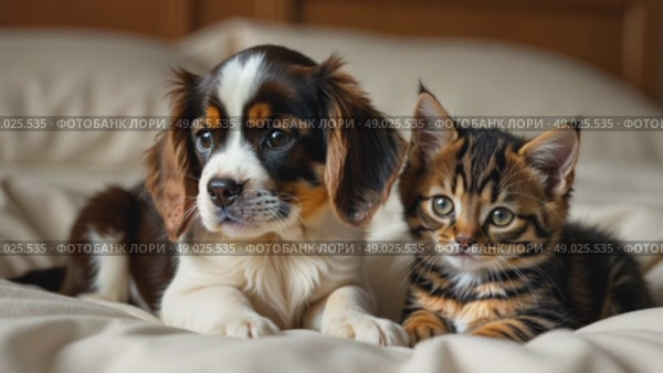 Cute baby dog and cat. Spotted kitten and puppy lying on bed in room. Small pets look around with interest. Стоковое AI-видео, аниматор Ирина / Фотобанк Лори
