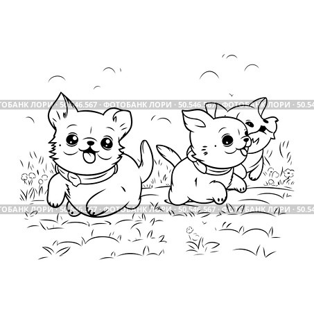Cute cartoon chihuahua and puppy sitting on the grass. Стоковая иллюстрация, агентство Ingram Publishing / Фотобанк Лори