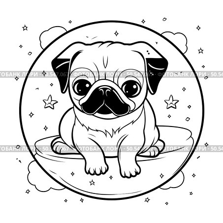 Cute cartoon pug dog. Vector illustration in black and white. Стоковая иллюстрация, агентство Ingram Publishing / Фотобанк Лори