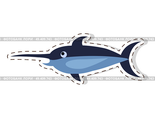 Cute cartoon sticker or icon. Funny broadbill fish flat vector isolated on white background. Ocean fish with illustration outlined with dotted line for fishing stores price tags, kids books. Cute Swordfish Cartoon Flat Vector Sticker or Icon. Стоковая иллюстрация, агентство Ingram Publishing / Фотобанк Лори