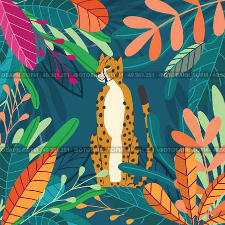 Cute exotic wild big cat cheetah sitting on dark tropical background with collection of exotic plants. Flat vector illustration. Стоковая иллюстрация, агентство Ingram Publishing / Фотобанк Лори