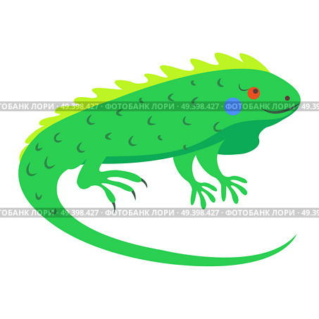Cute funny green lizard iguana vector flat cartoon sticker isolated on white. Tropical reptile animal illustration for game counters, price tags. Cute Iguana Cartoon Flat Vector Sticker or Icon. Стоковая иллюстрация, агентство Ingram Publishing / Фотобанк Лори
