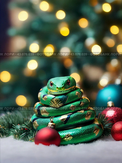 Cute green snake, symbol of 2025 according to the eastern calendar. The snake symbolizes wisdom, vitality, immortality, and healing powers. New Year card. Стоковое AI-изображение, AI-художник Сергей Елизарьев / Фотобанк Лори