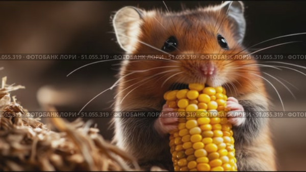 Cute hamster enjoying a delicious corn snack in a cozy habitat environment. Стоковое AI-видео, аниматор Сергей Толмачёв / Фотобанк Лори