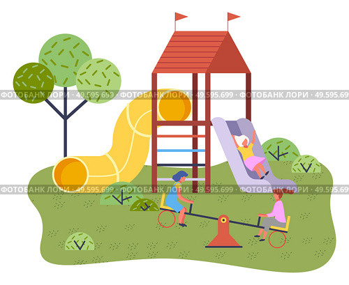 Cute happy cartoon kids playing in playground on the backyard. Childrens summer playground with slide swings and other elements of amusement park for children. Kids summer outdoor activities. Childrens summer playground with slide swings and other elements of amusement park for children. Стоковая иллюстрация, агентство Ingram Publishing / Фотобанк Лори