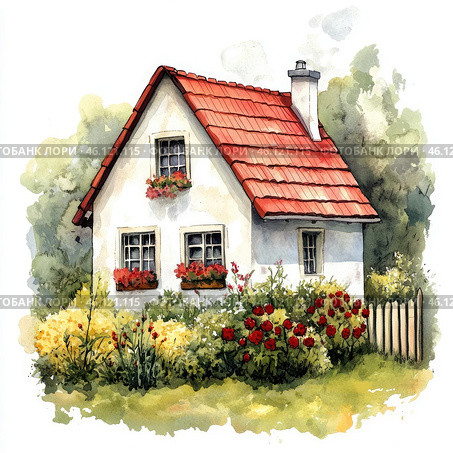 Cute house with red roof with flower bushes, summer in the village. Стоковое AI-изображение, AI-художник Елена Смыкова / Фотобанк Лори