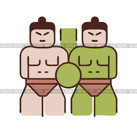 Cute illustration of two sumo wrestlers. one brown and one green. facing each other in a playful competition. Perfect for adding a touch of fun and Japanese culture to your designs. Стоковая иллюстрация, агентство Ingram Publishing / Фотобанк Лори