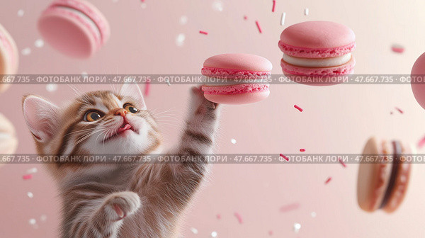 Cute kitten plays with floating macarons on a pastel pink background. Милый котенок играет с летающими пирожными macarons на пастельно-розовом фоне. Стоковое AI-изображение, AI-художник Katsiaryna Repich / Фотобанк Лори