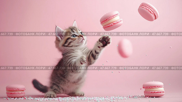 Cute kitten plays with floating macarons on a pastel pink background. Милый котенок играет с летающими пирожными macarons на пастельно-розовом фоне. Стоковое AI-изображение, AI-художник Katsiaryna Repich / Фотобанк Лори