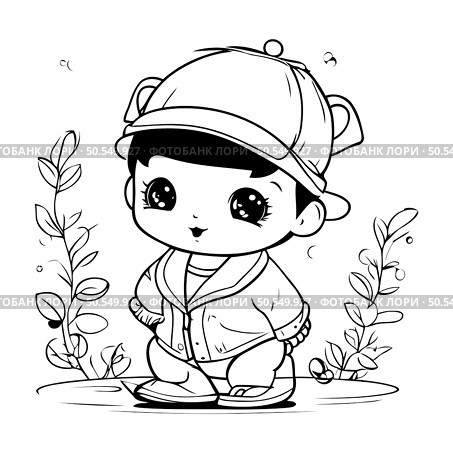 Cute little boy in cap. Vector illustration for coloring book. Стоковая иллюстрация, агентство Ingram Publishing / Фотобанк Лори