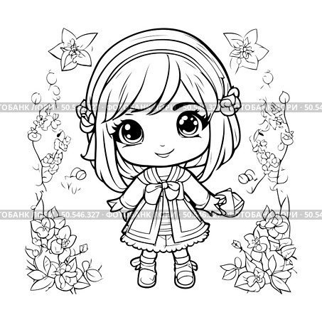 Cute little girl with flowers. Vector illustration for coloring book. Стоковая иллюстрация, агентство Ingram Publishing / Фотобанк Лори
