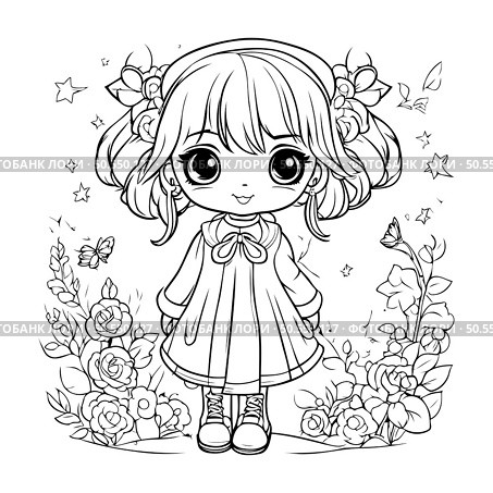 Cute little girl with flowers. Vector illustration for coloring book. Стоковая иллюстрация, агентство Ingram Publishing / Фотобанк Лори