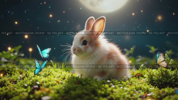 Cute rabbit in a clearing with butterflies under the moon. Стоковое AI-видео, аниматор Виктория Кольцова / Фотобанк Лори