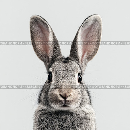 Cute Rabbit Posing on Neutral Background With Bright Eyes and Fuzzy Fur. Стоковое AI-изображение, AI-художник Юлия Гапеенко / Фотобанк Лори
