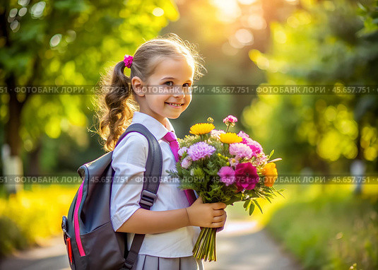 Cute schoolgirl girl with big bouquet of flowers is going to school, portrait, back to school concept, education, autumn, morning, sunrays. Стоковое AI-изображение, AI-художник Анна Сивакова / Фотобанк Лори