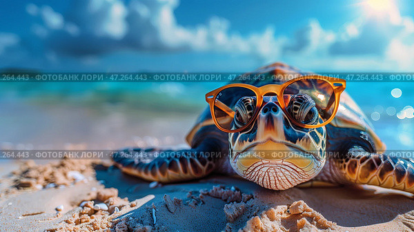 Cute turtle with sunglasses chilling at the beach, happy. Милая черепаха в солнечных очках отдыхает на пляже, счастливая. Стоковое AI-изображение, AI-художник Katsiaryna Repich / Фотобанк Лори