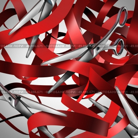 Cutting red tape and bureaucracy obstacle business concept as a group of scissors making cuts to symbols of government gridlock and regulatory confusion. Стоковое фото, агентство Ingram Publishing / Фотобанк Лори
