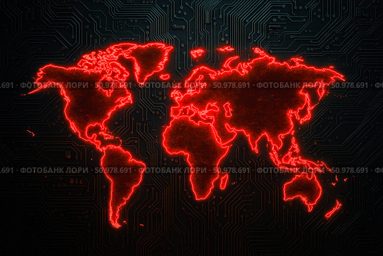 Cyber attack concept with distressed red world map on black circuit board grid, illustrating global infection, malware or computer virus. Стоковое фото, фотограф Павел Муравьев / Фотобанк Лори