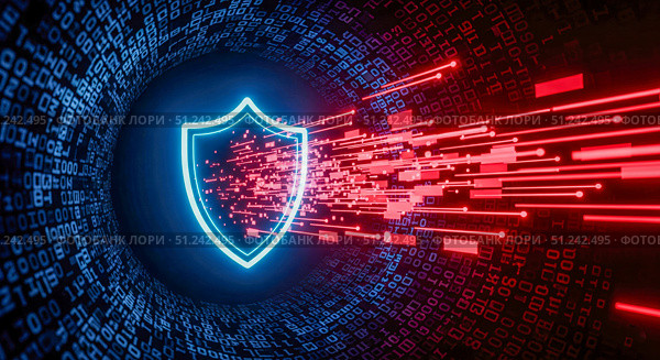 Cyber attack protection concept, glowing blue shield repelling red hostile data inside a binary code tunnel, information security technology illustration background. Стоковое AI-изображение, AI-художник Павел Муравьев / Фотобанк Лори