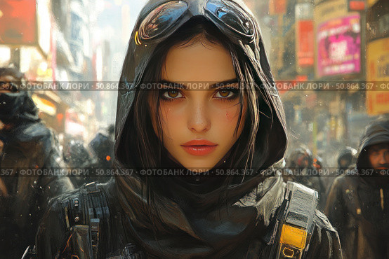 Cyberpunk digital illustration of a determined girl in a hood and protective clothing against the backdrop of a neon metropolis. The face is decorated with neon elements, and there is a cold determination in her eyes. The atmosphere is thick, tense, with an emphasis on the individuality and inner strength of the heroine. The illustration is perfect for projects related to games, science fiction, animation, comics and visual novels. Стоковое AI-изображение, AI-художник Анна Кривицкая / Фотобанк Лори