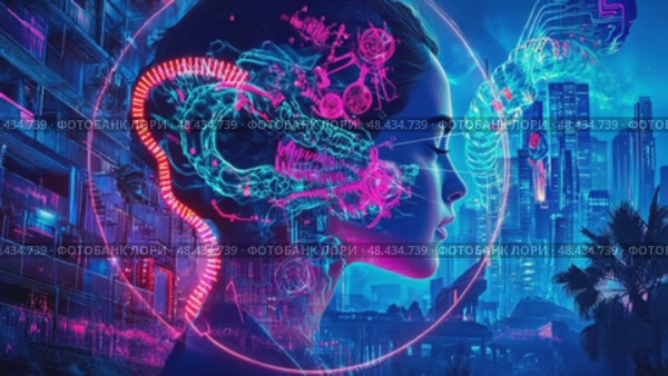 Cyberpunk dreamscape of a neon-lit futuristic metropolis merging mind and machine. Woman profile embodies digital consciousness and AI. Стоковое AI-видео, аниматор Данила Большаков / Фотобанк Лори