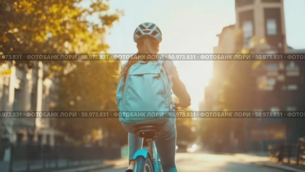 Cyclist wearing a protective helmet and backpack glides along an urban road, bathed in the warm golden light of a setting sun, amidst vibrant autumn trees and city structures. Стоковое AI-видео, аниматор Данила Большаков / Фотобанк Лори