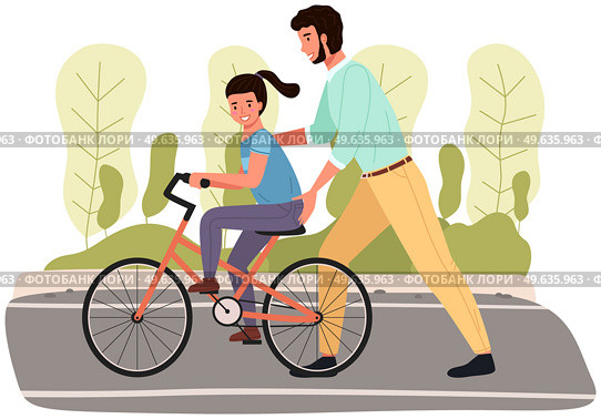 Dad teaches daughter to ride bike for first time. Father is helping girl kid to balance on bicycle. Parenting, fatherhood concept. Parent actively spends time with child outdoors. Family walk in park. Dad teaches daughter to ride bike for first time. Father is helping girl kid to balance on bicycle. Стоковая иллюстрация, агентство Ingram Publishing / Фотобанк Лори