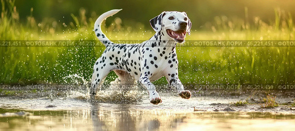 Dalmatian dog running and splashing through water in summer meadow. Стоковое AI-изображение, AI-художник Юрий Поздников / Фотобанк Лори
